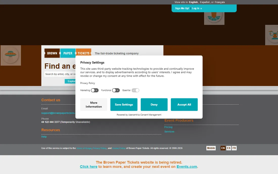 Brown Paper Tickets homepage