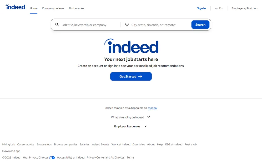 Indeed homepage