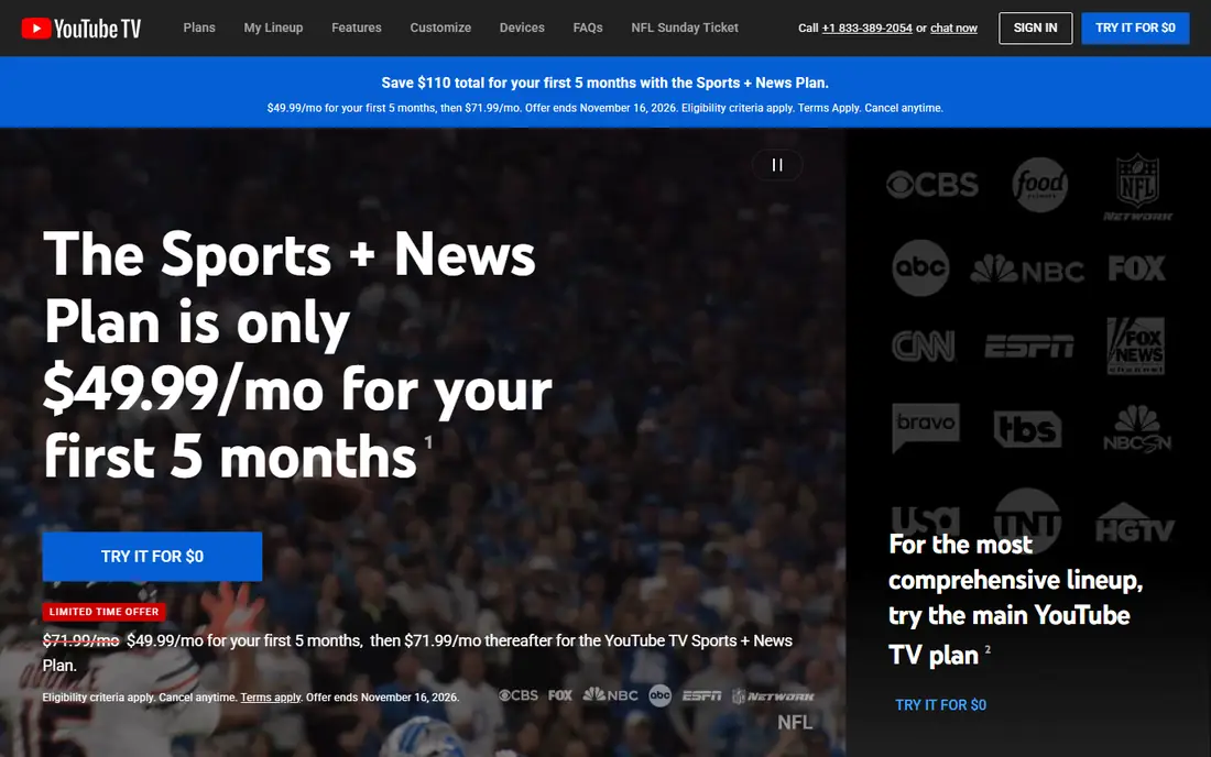 YouTube TV homepage