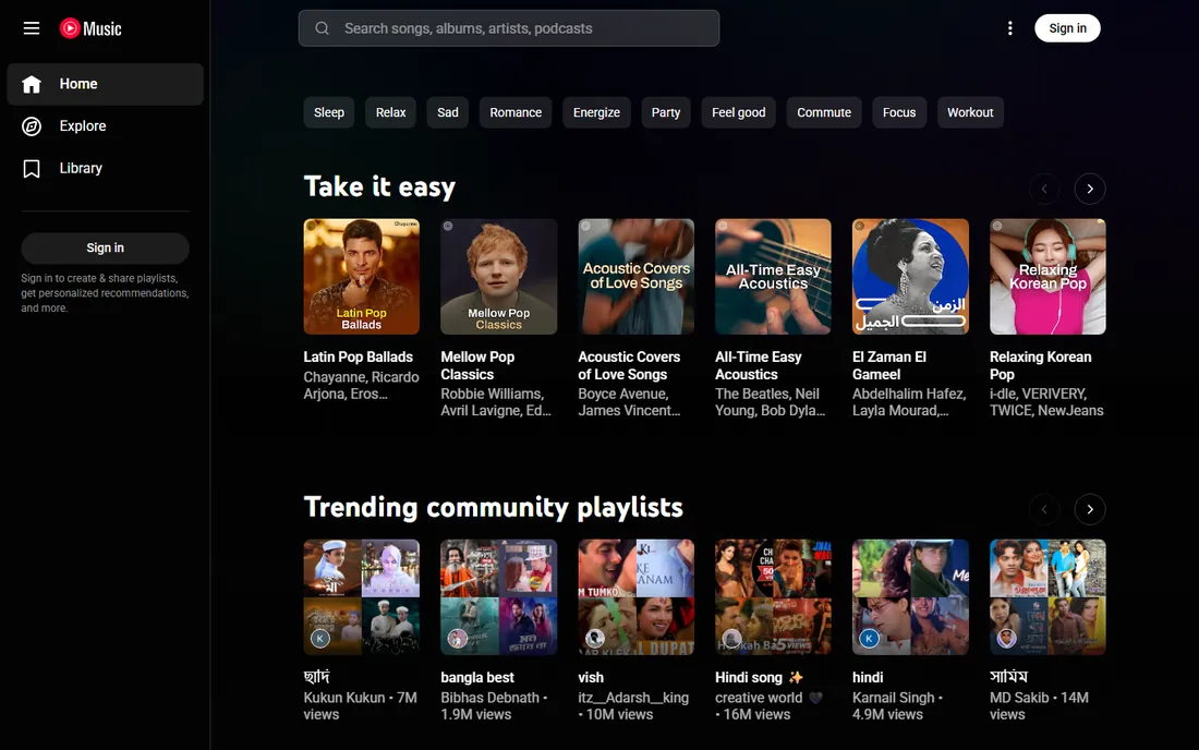 YouTube Music homepage