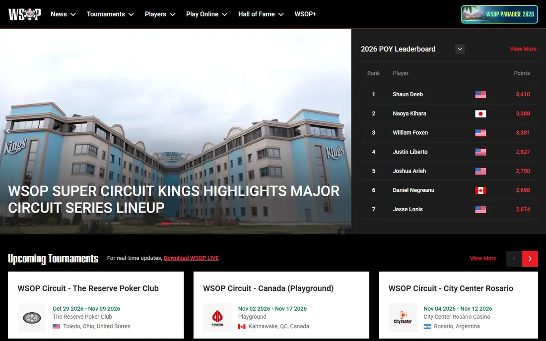 WSOP Online homepage