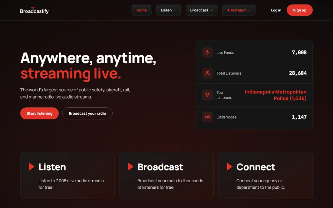 Broadcastify homepage