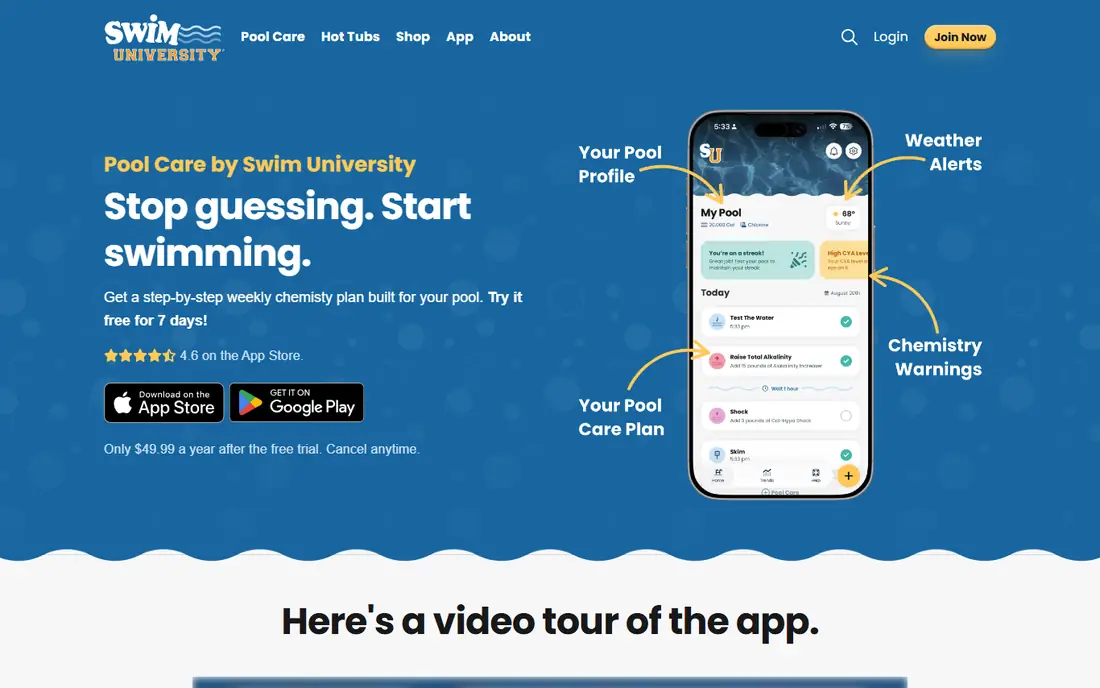 Pool Care by Swim University homepage