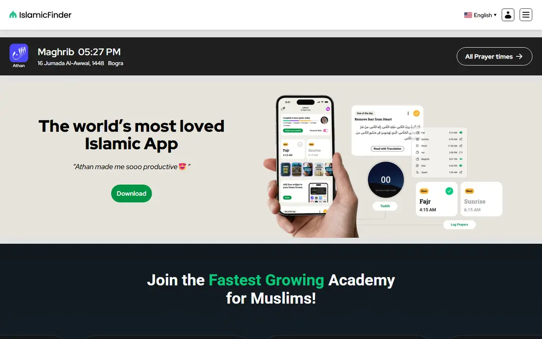 Athan by IslamicFinder homepage