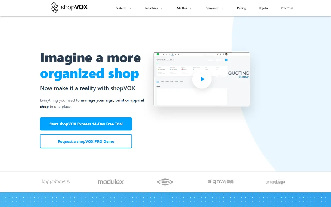 ShopVox homepage