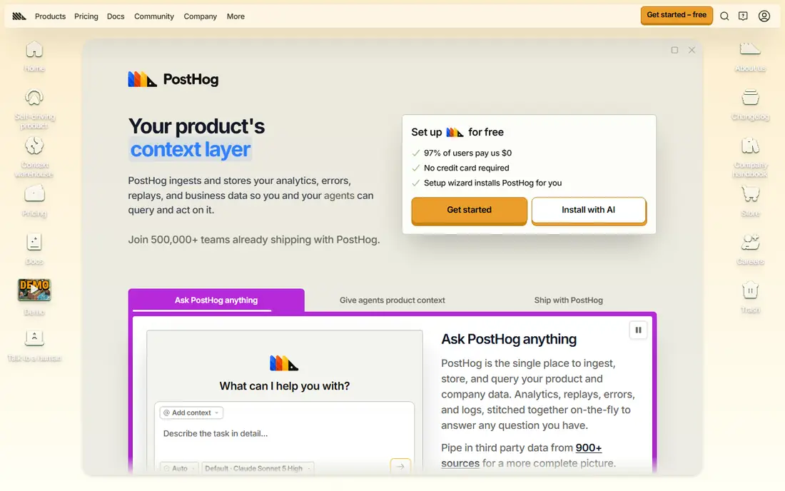 PostHog homepage