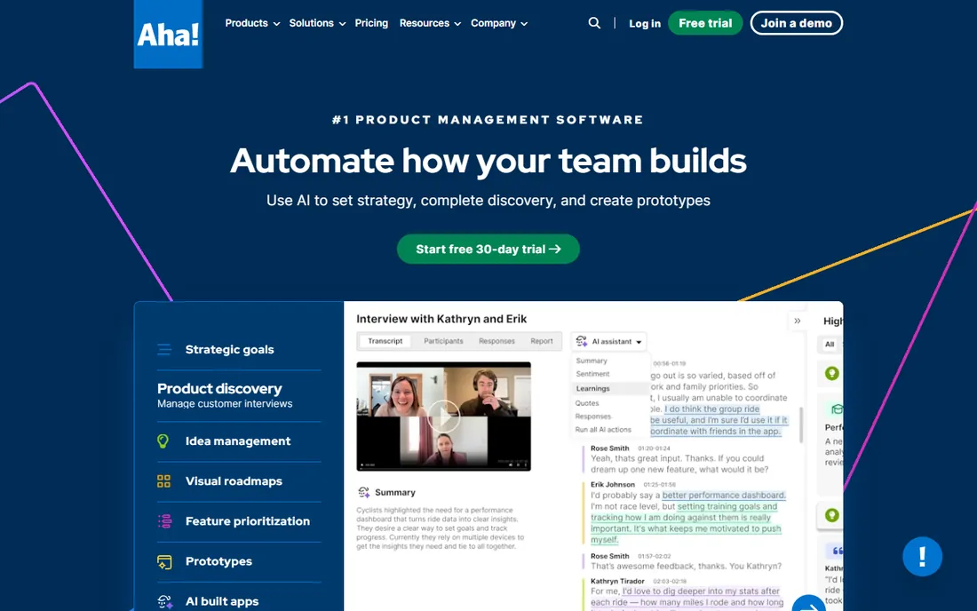 Aha! Roadmaps homepage