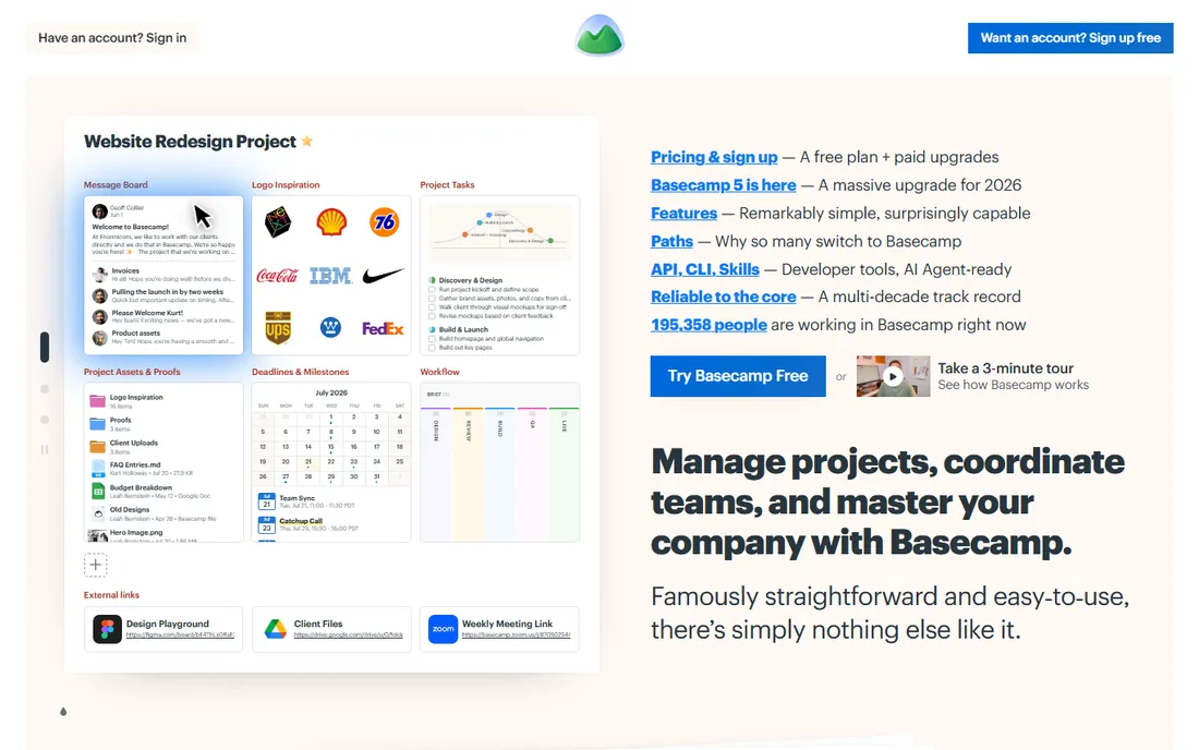 Basecamp homepage