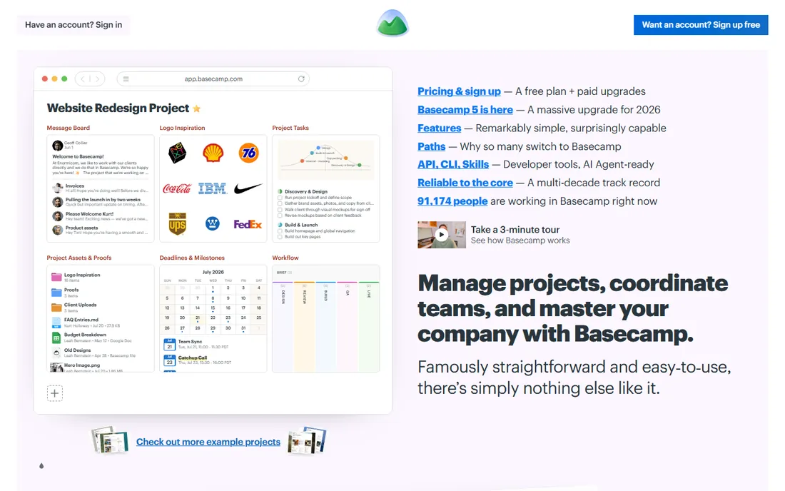 Basecamp homepage
