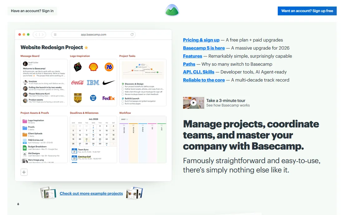 Basecamp homepage