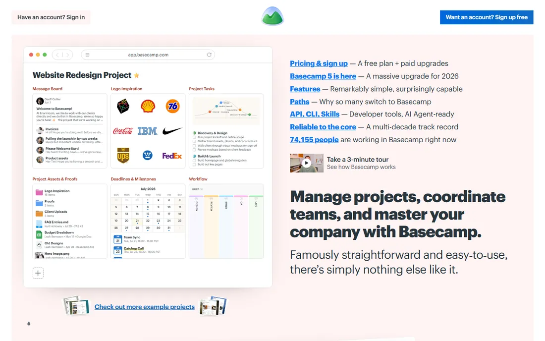 Basecamp homepage