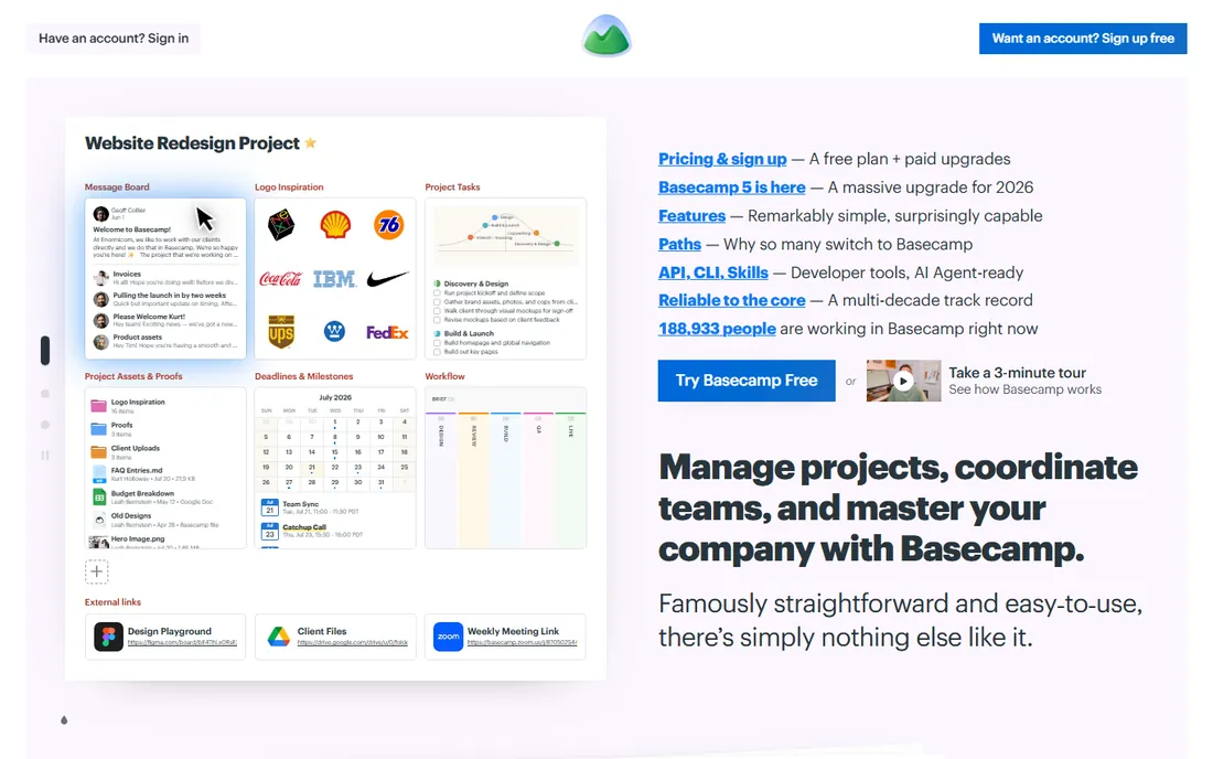 Basecamp homepage