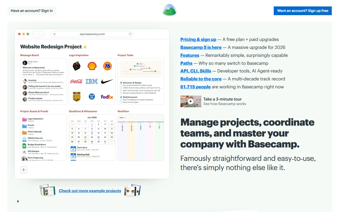 Basecamp homepage