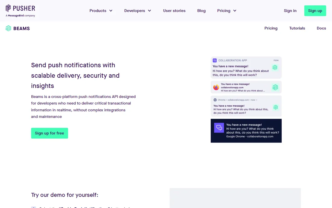 Pusher Beams homepage