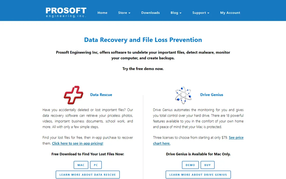 Prosoft Data Rescue homepage
