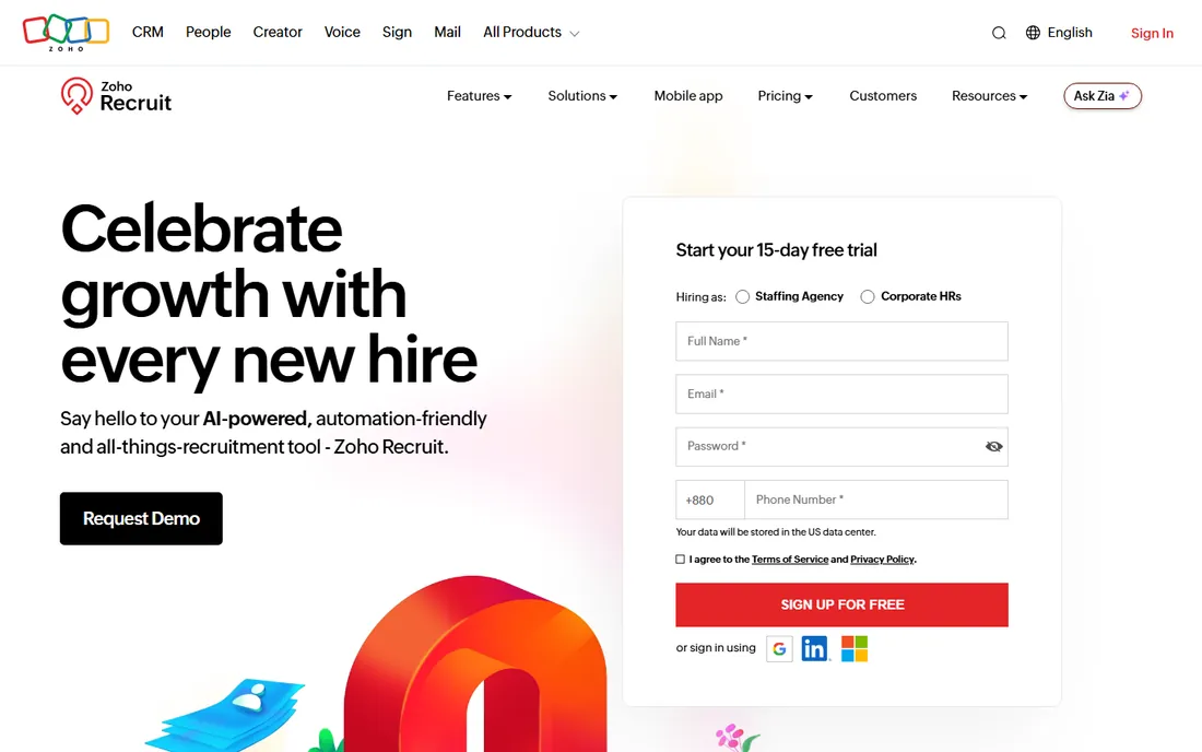 Zoho Recruit homepage