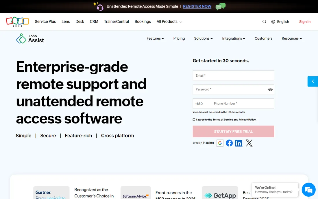 Zoho Assist homepage