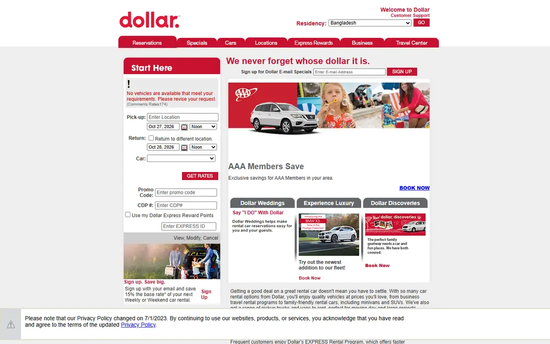 Dollar homepage