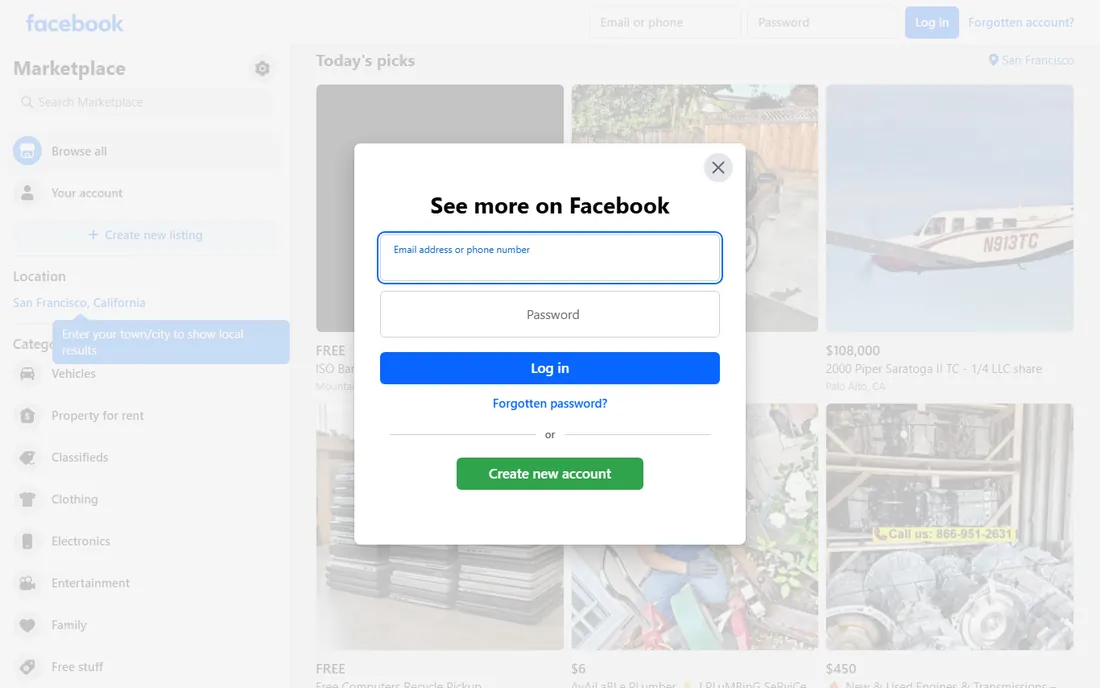 Facebook Marketplace homepage