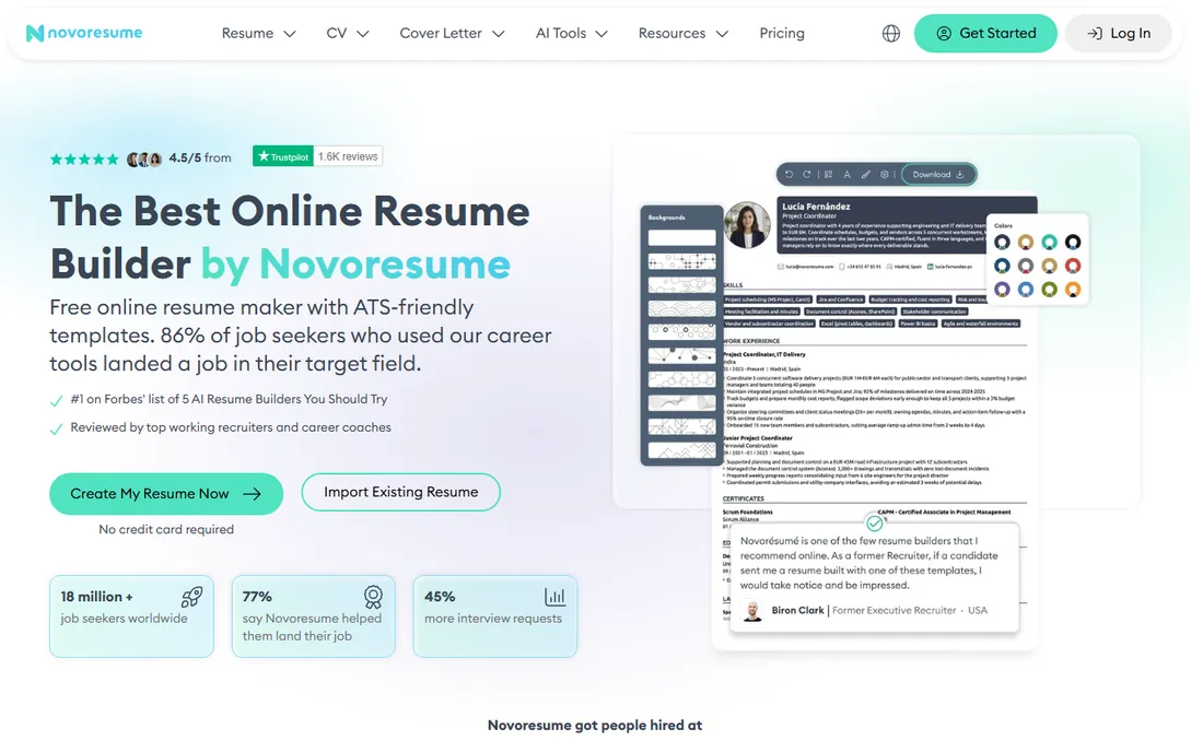 Novoresume homepage