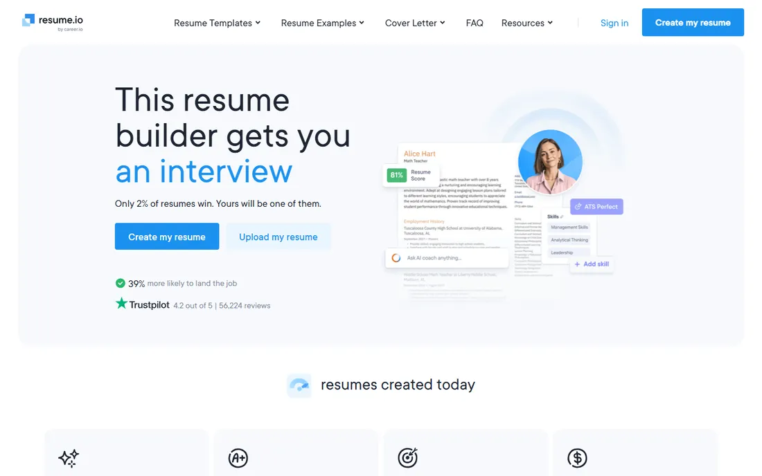 Resume.io homepage