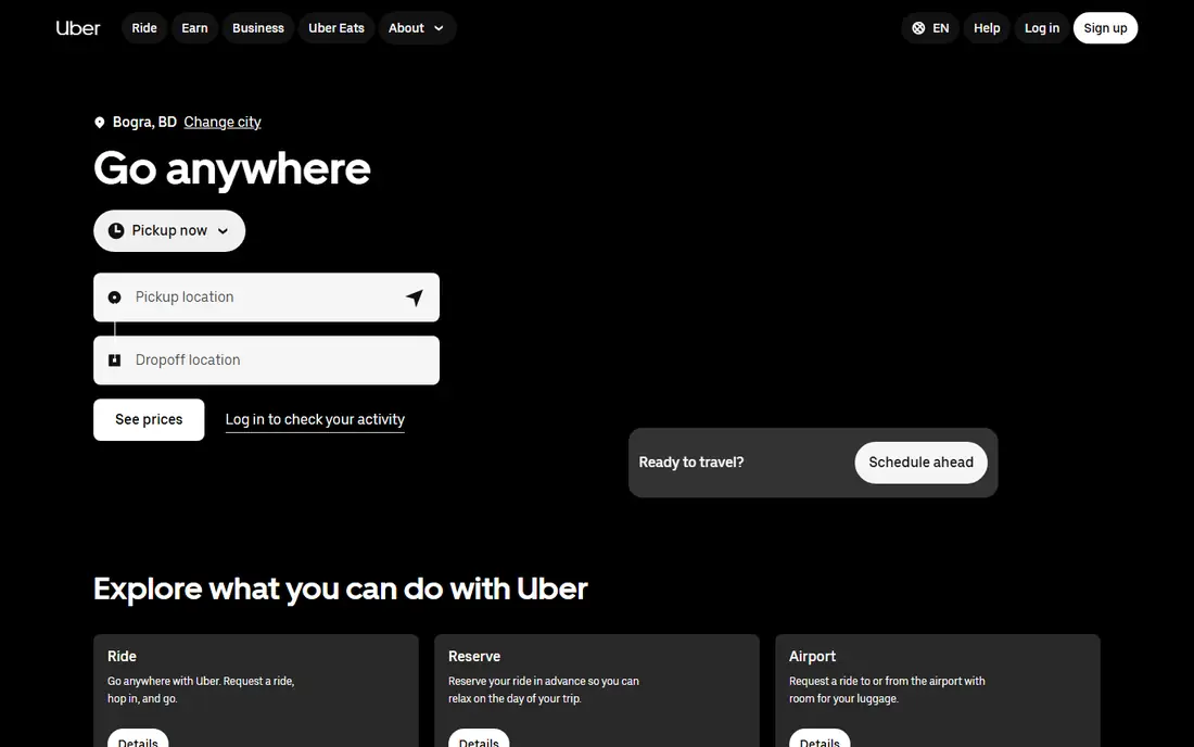 Uber homepage