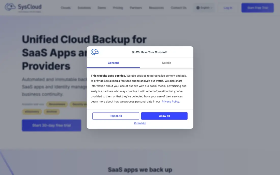 SysCloud homepage