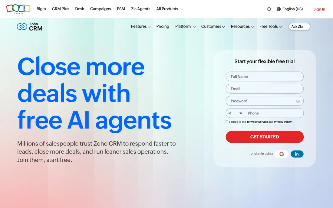 Zoho CRM homepage