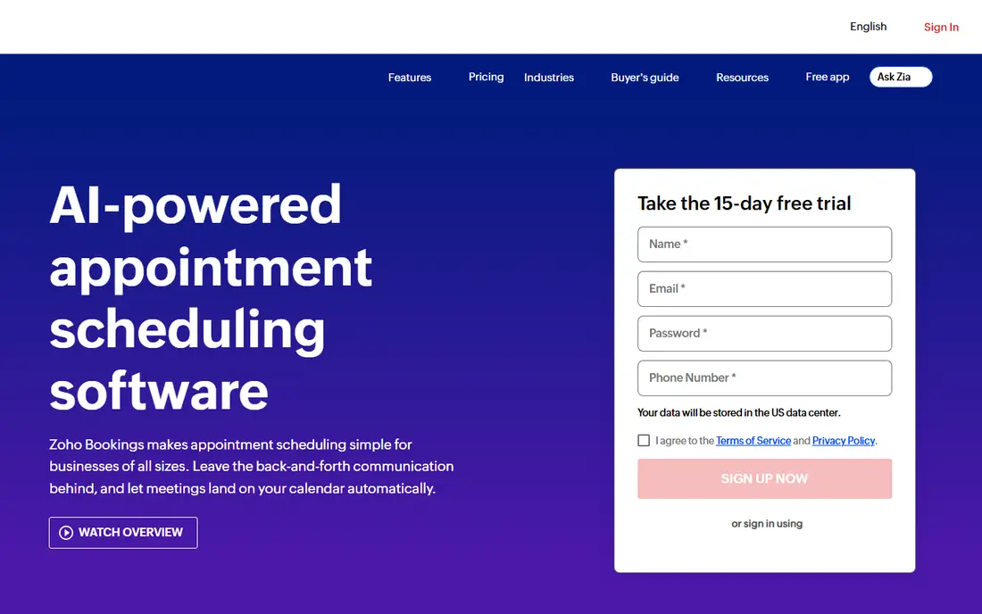 Zoho Bookings homepage