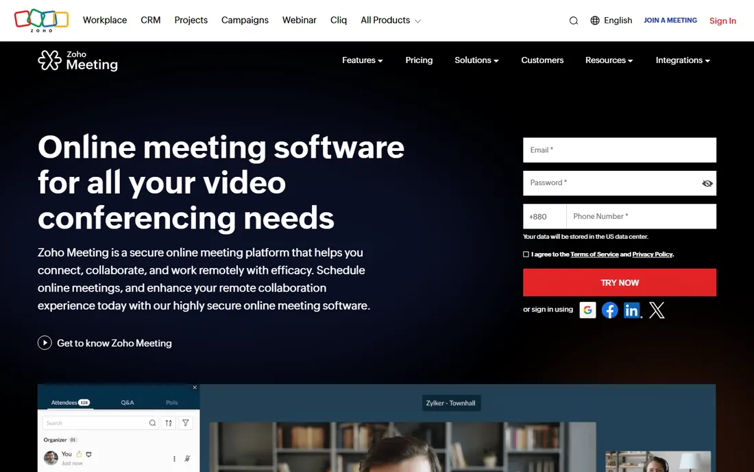Zoho Meeting homepage