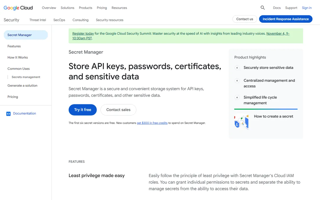 Google Cloud Secret Manager homepage