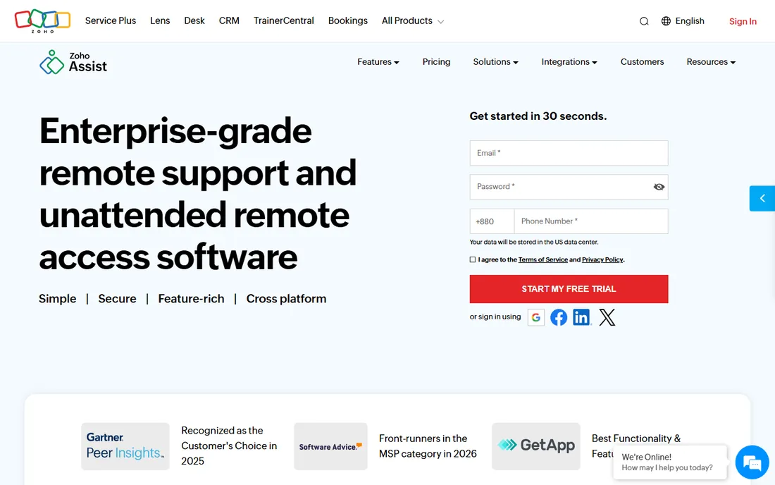 Zoho Assist homepage