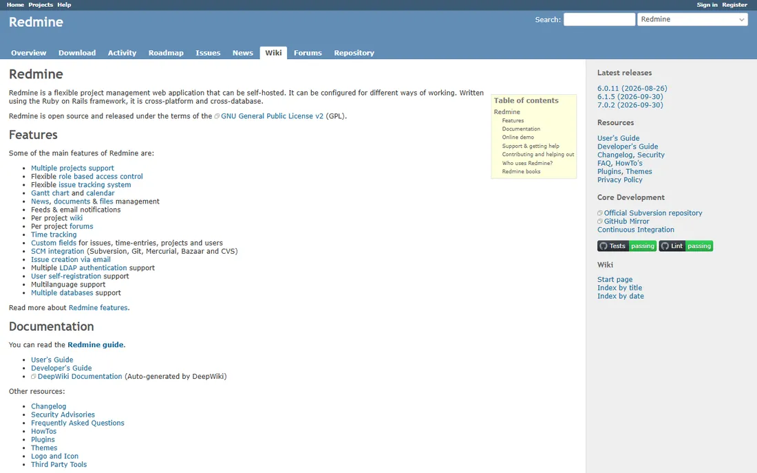 Redmine homepage