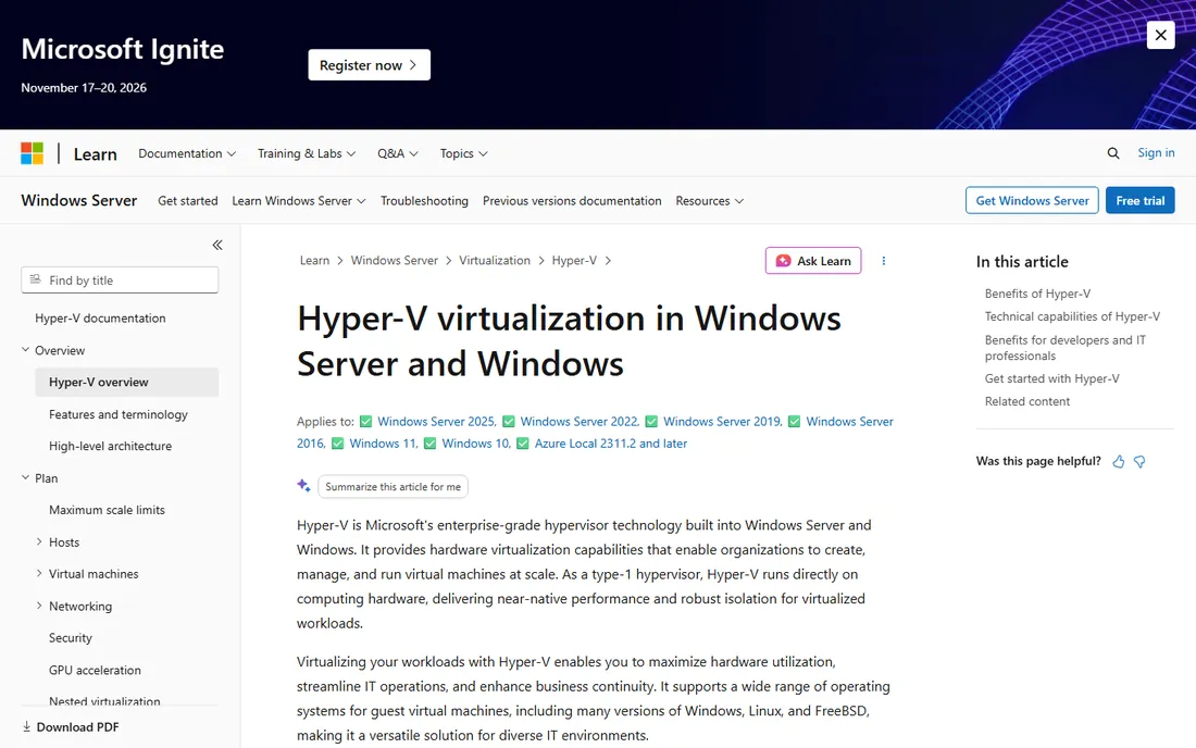 Microsoft Hyper-V homepage