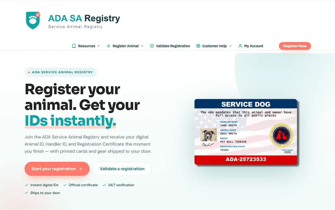 ADA Service Animal Registry homepage