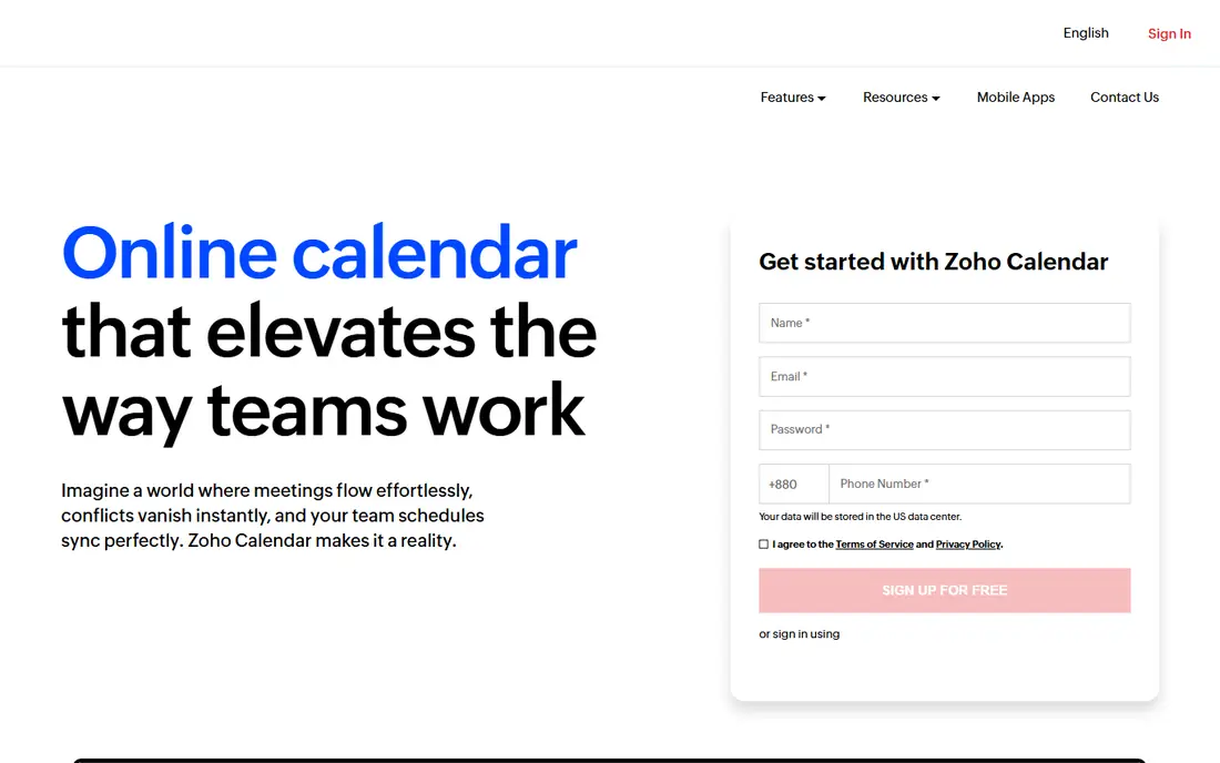 Zoho Calendar homepage