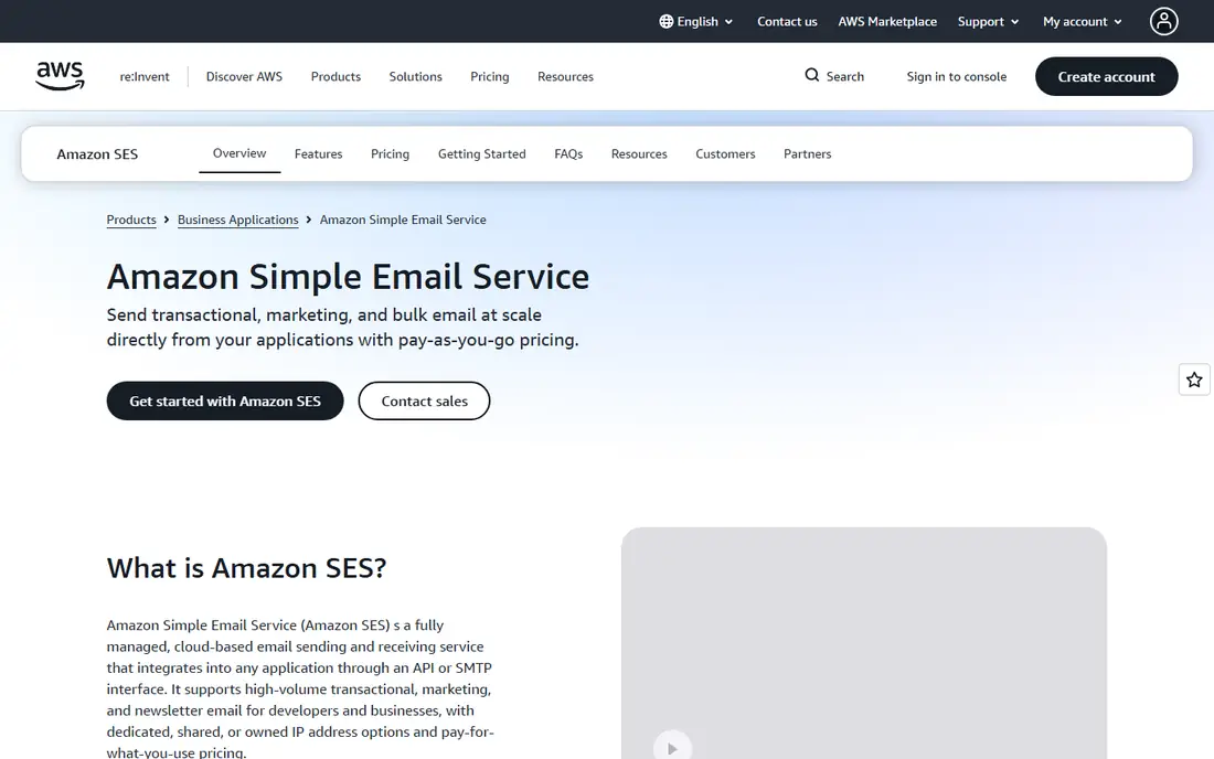 Amazon SES homepage