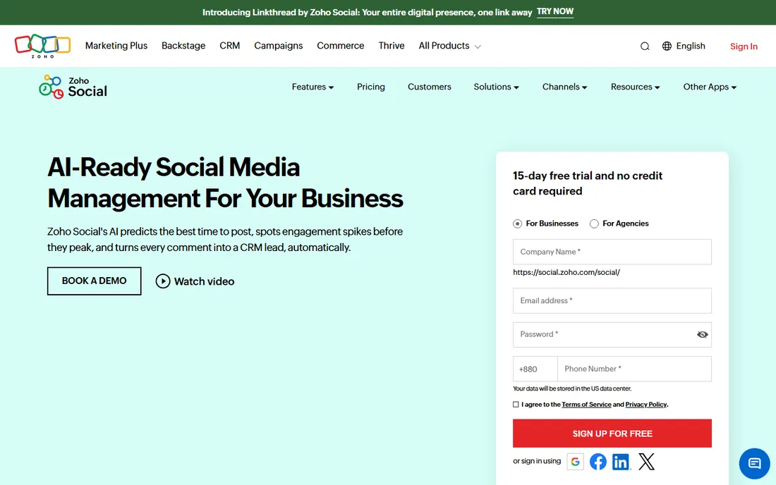 Zoho Social homepage
