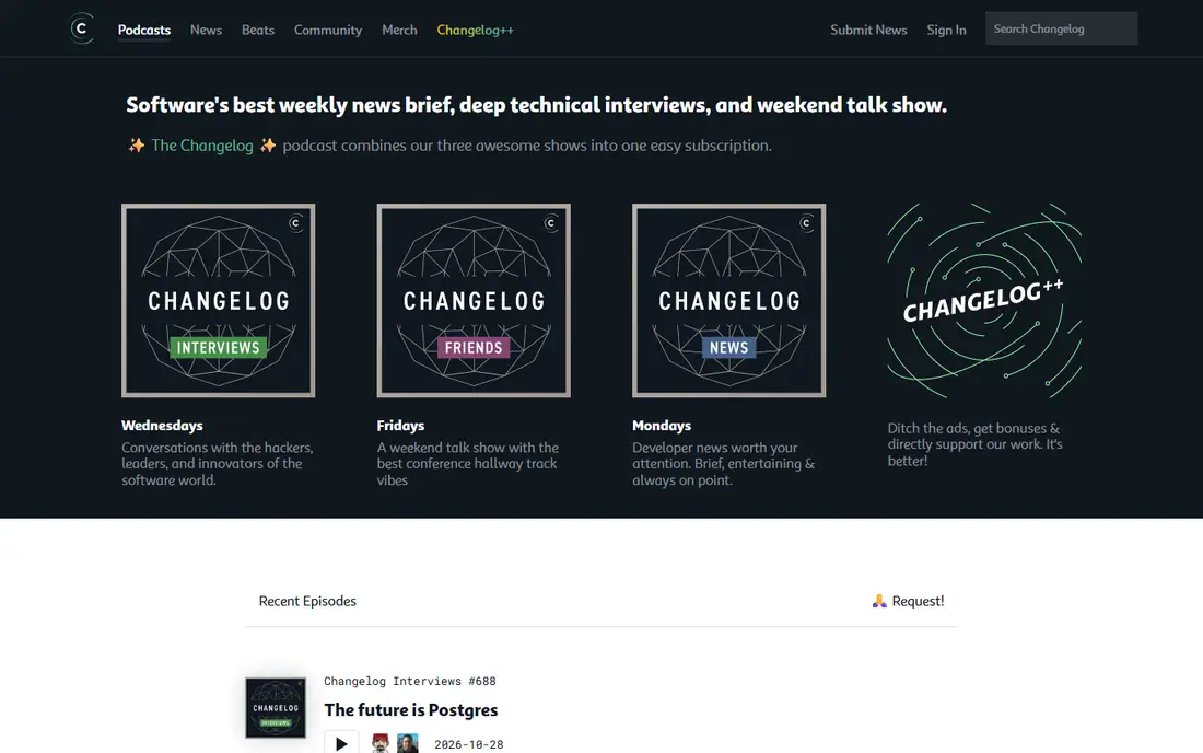 The Changelog homepage