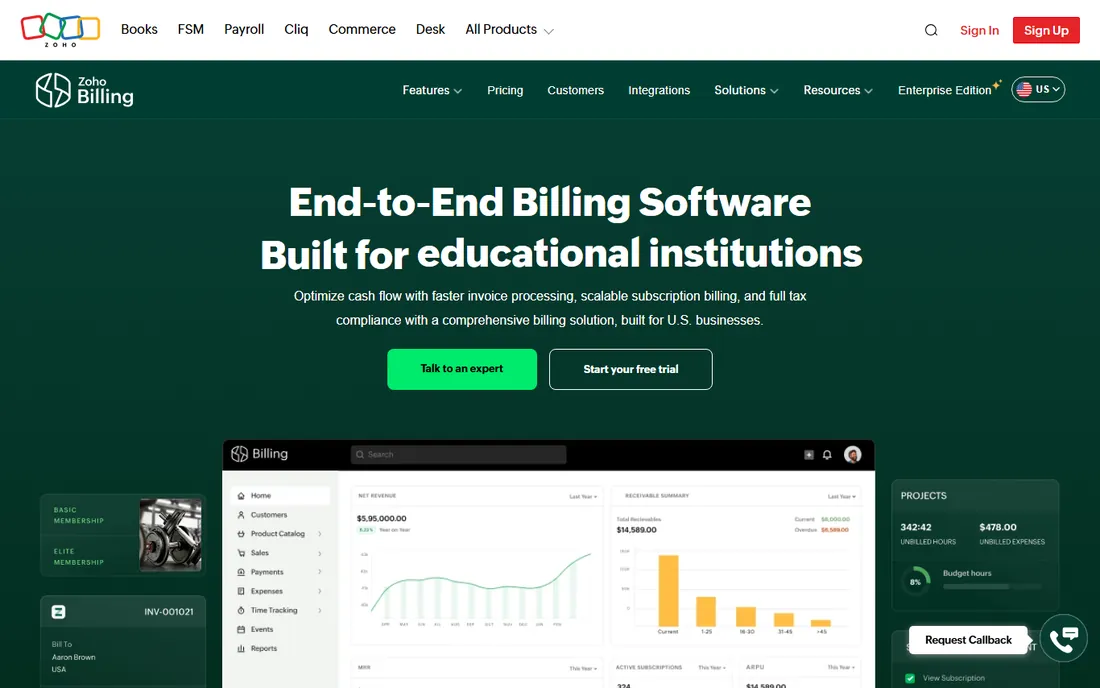 Zoho Billing homepage