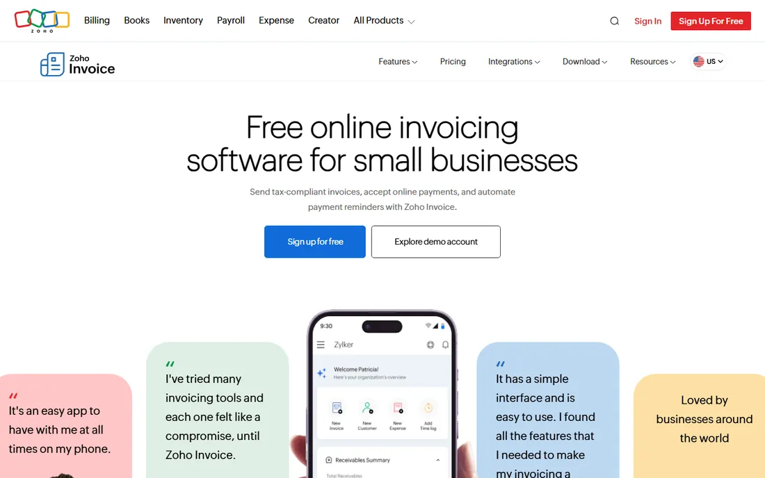 Zoho Invoice homepage