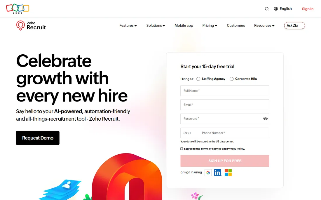 Zoho Recruit homepage