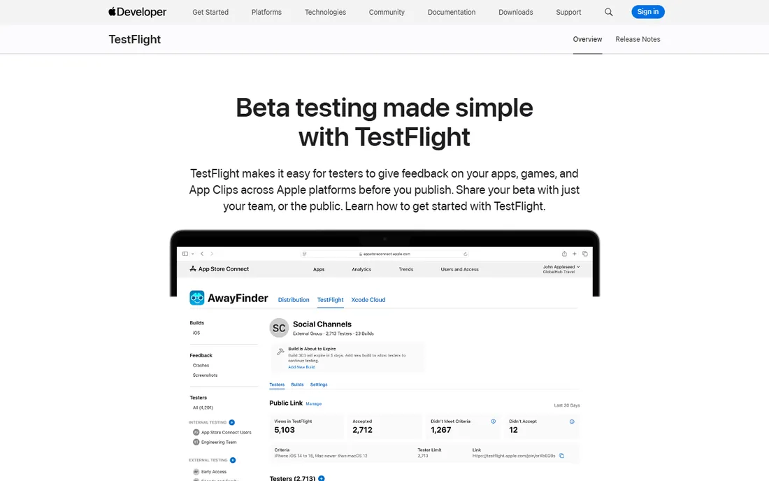 TestFlight homepage