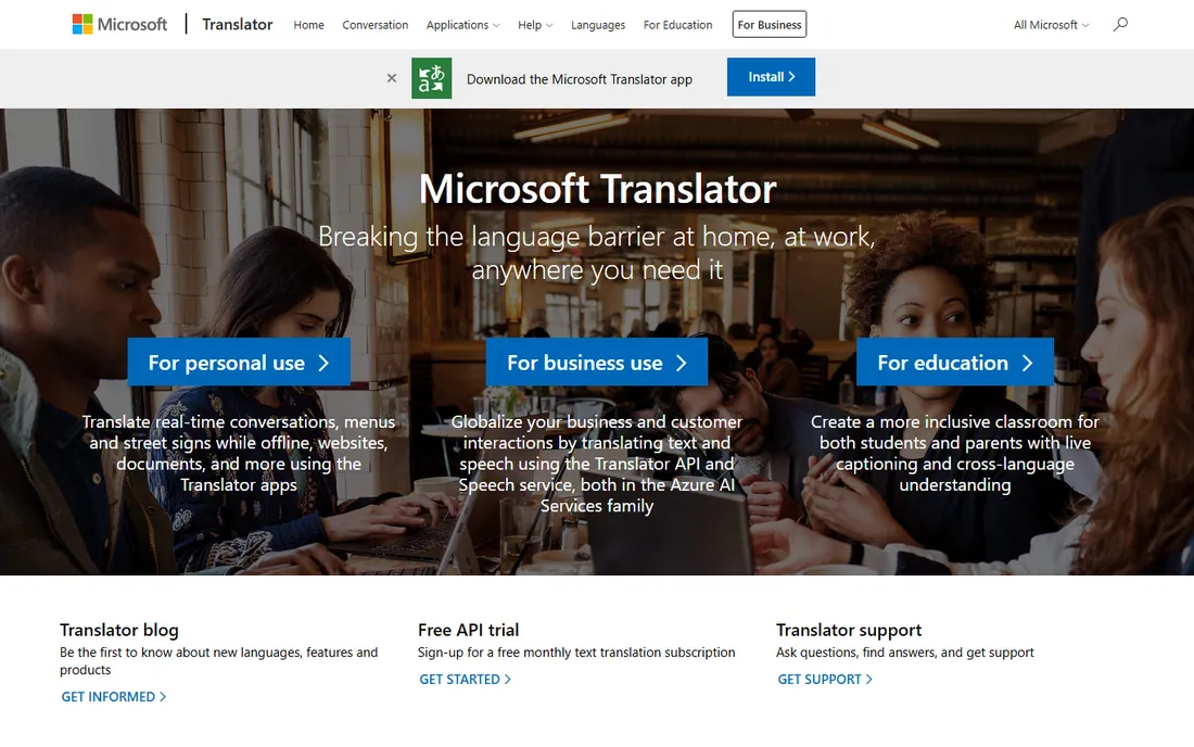 Microsoft Translator homepage