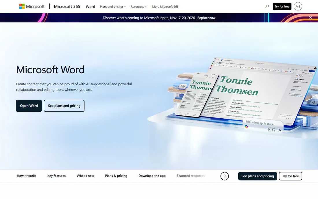 Microsoft Word homepage
