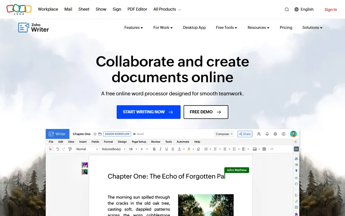 Zoho Writer homepage