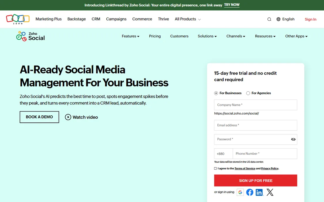 Zoho Social homepage