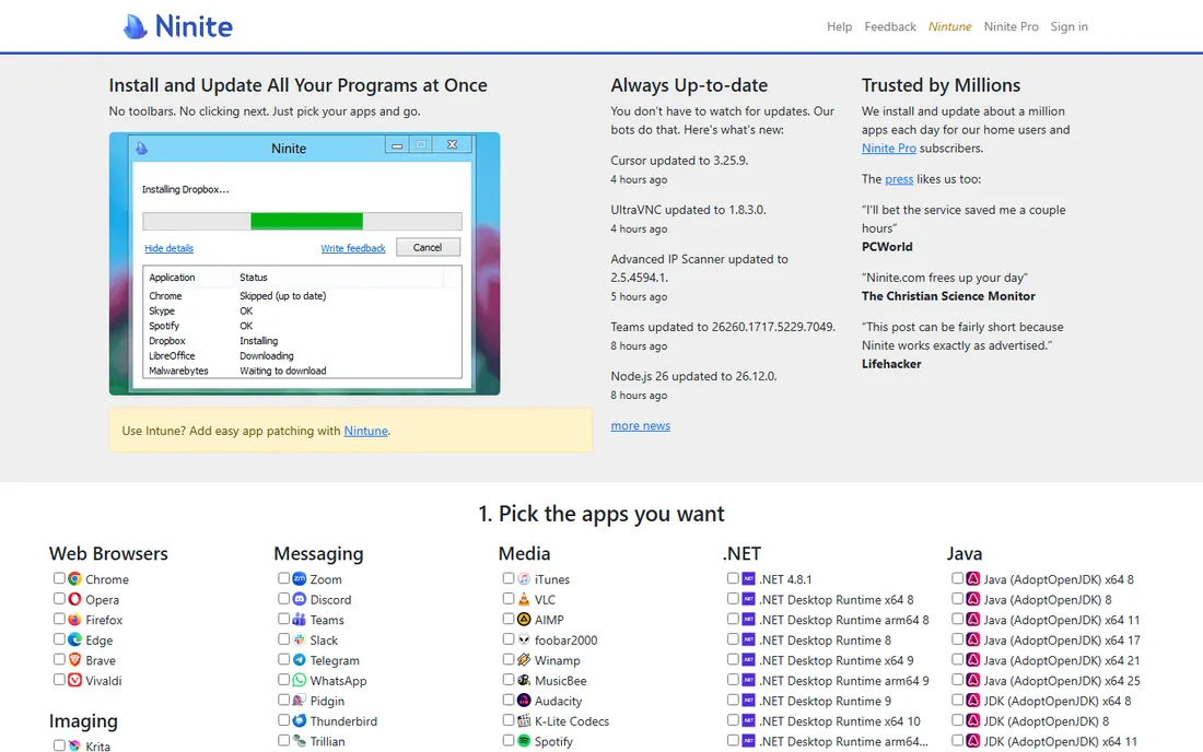 Ninite homepage