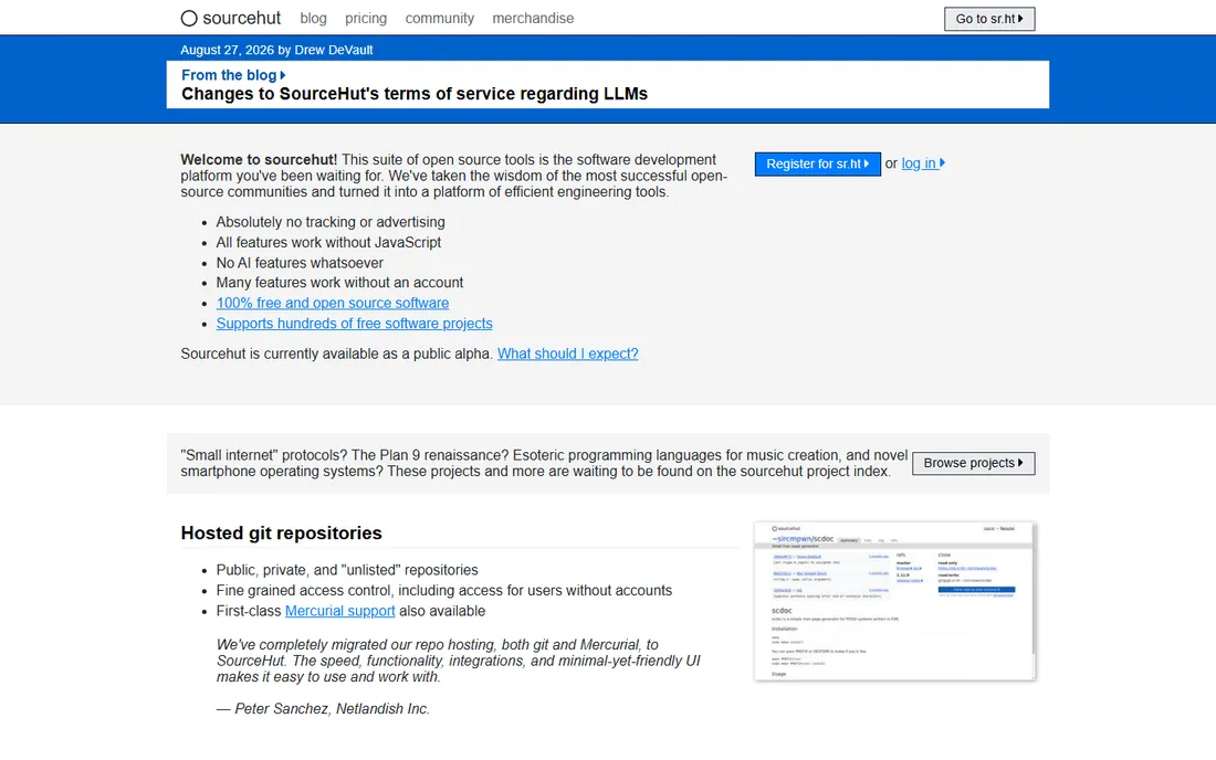 SourceHut homepage