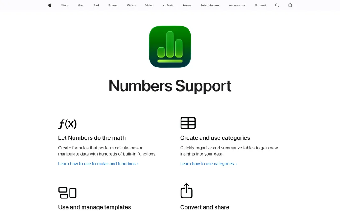 Apple Numbers homepage